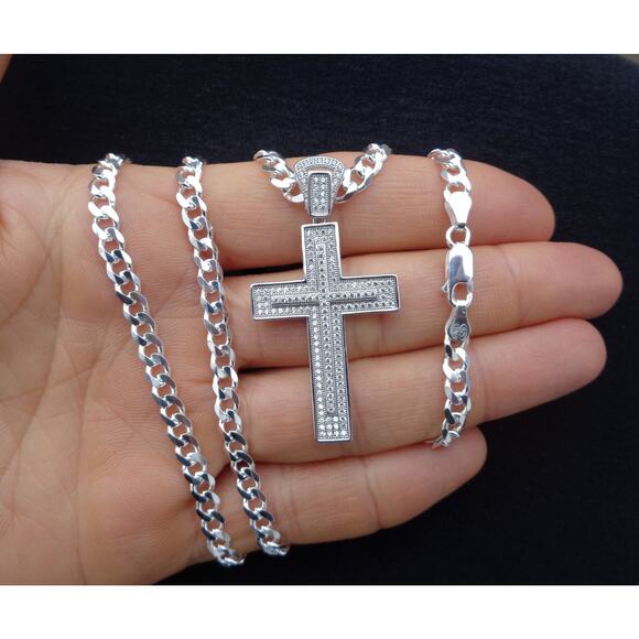 Real 925 Silver Cross Pendant Necklace, Solid Sterling Silver Pave Cross Pendant